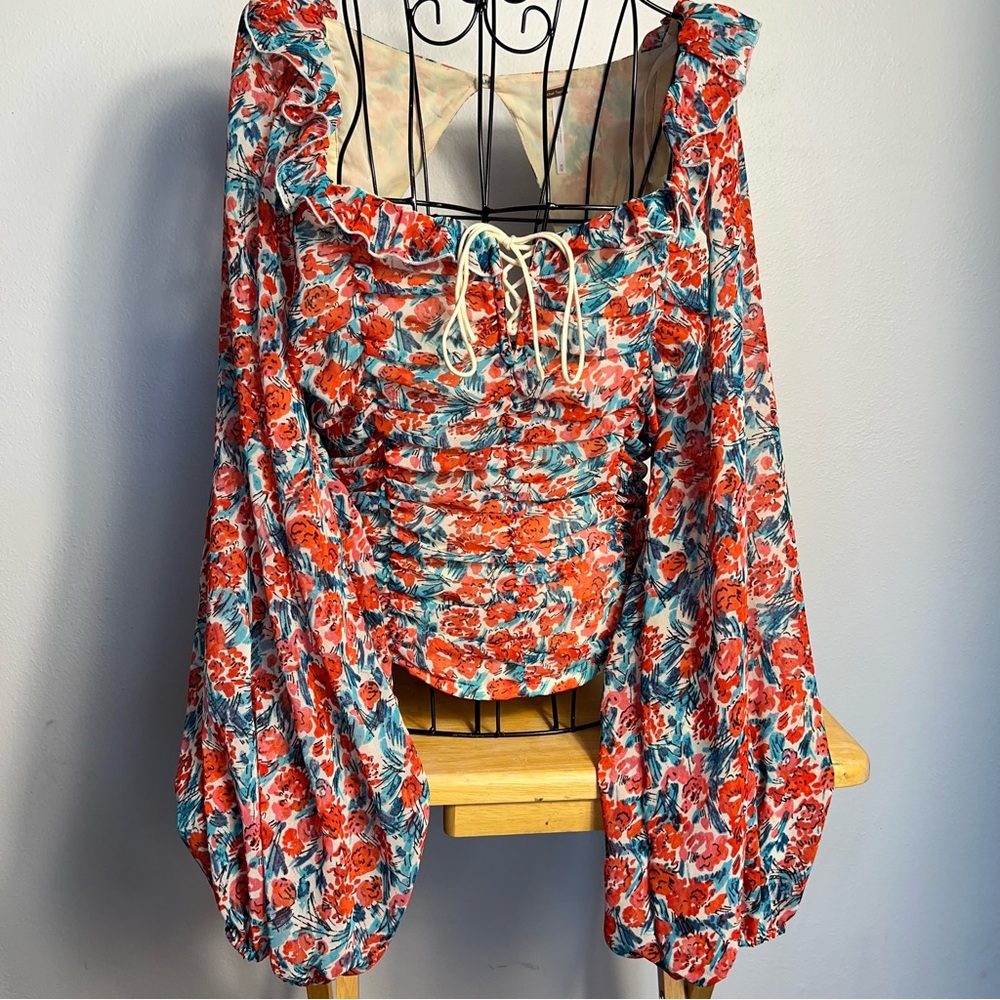 Free‎ People Bohemianfloral blouse ballon large sleeves size M - Picture 2 of 8